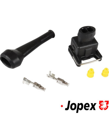 Connector, 2 pin female with connectors and rubber boot, for Bosch injectors and 2 pin sensors. 