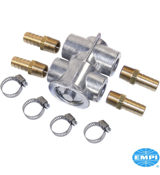 Oil thermostat with fittings and clamps. Mounts in-line and bypasses oil cooler until oil warms up to approximately 79 degrees Oil thermostat with fittings and clamps. Mounts in-line and bypasses oil cooler until oil warms up to approximately 79 degrees