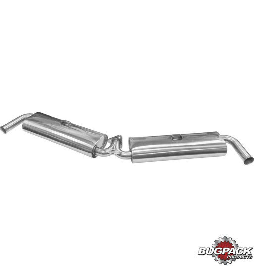 Exhaust rear, Dual Quiet, with thick flanges, with two tail pipes. Fits Empi No. B2-0311-S. Made of stainless steel Exhaust rear, Dual Quiet, with thick flanges, with two tail pipes. Fits Empi No. B2-0311-S. Made of stainless steel