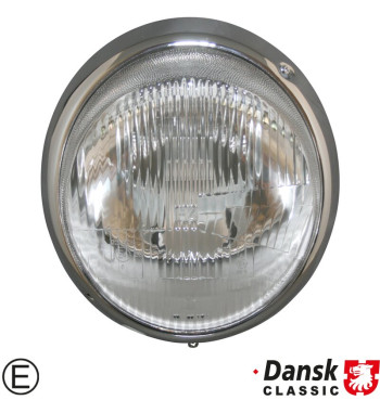 Headlight with chrome rim, with E-mark. Can be used for vehicles 8/1964–7/1969 without using parking light