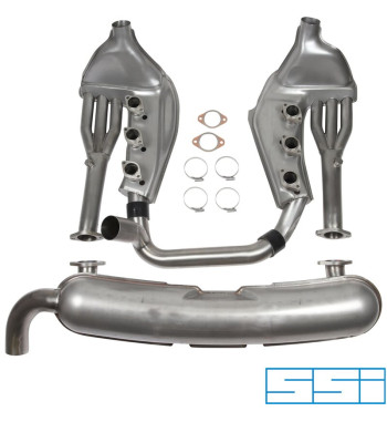 Exhaust set, Sport, with one Ø70 mm tail pipe, dual inlets and Ø41/Ø60 mm heat exchangers. Made of stainless steel