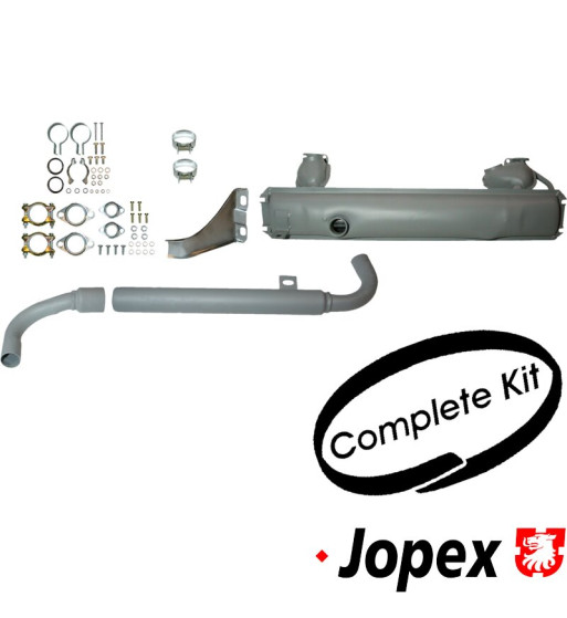 Exhaust set rear, with one tail pipe and mounting kit. Made of steel with grey paint. With TÜV/EEC approval Exhaust set rear, with one tail pipe and mounting kit. Made of steel with grey paint. With TÜV/EEC approval