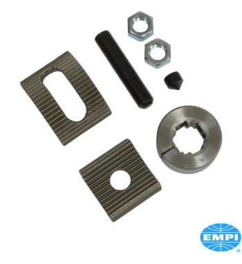 Front axle beam adjuster. The adjuster can be welded in place to raise or lower the ride height. Fits vehicles with ball joint