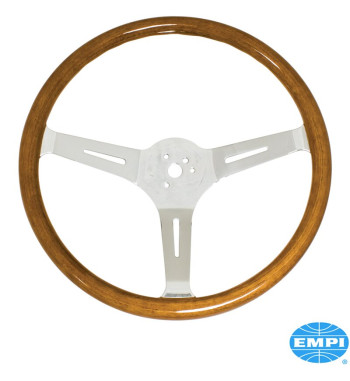 Steering wheel without horn button, wood, 3 polished chrome spokes, Ø380 mm, 23 mm grip, 3 bolt, without TÜV/E-approval
