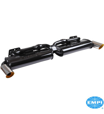 Exhaust system, GT, 1 3/8 tubing, with two tail pipes. Made of steel with black paint, tail pipes chromed