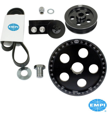 Pulley set for crankshaft and alternator, Serpentine, with laser engraved numbers, aluminium, black anodized
