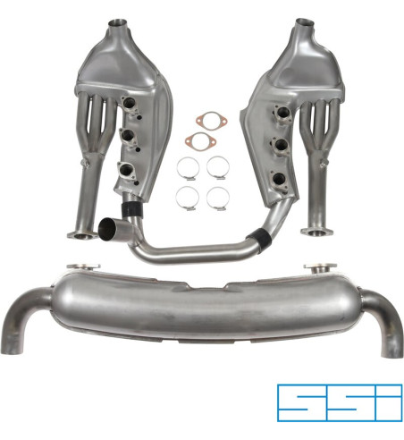 Exhaust set, Sport, with two Ø70 mm tail pipes, dual inlets and Ø41/Ø60 mm heat exchangers. Made of stainless steel