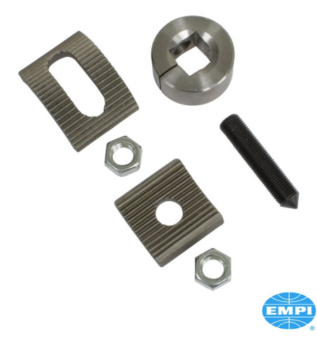 Front axle beam adjuster. The adjuster can be welded in place to raise or lower the ride height. Fits vehicles with link pin