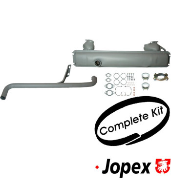 Exhaust set rear, with one tail pipe and mounting kit. Made of steel with grey paint. With TÜV/EEC approval