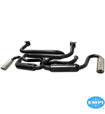 Exhaust system, Tuck Away, with two tail pipes. Including hardware. Made of steel with black paint, tail pipes chromed