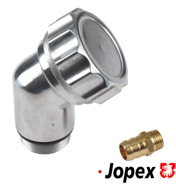 Oil filler tube, vertical, with grooved cap and vent and with gaskets. Made of polished aluminium