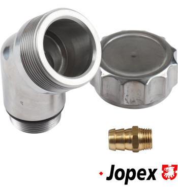 Oil filler tube, vertical, with grooved cap and vent and with gaskets. Made of polished aluminium