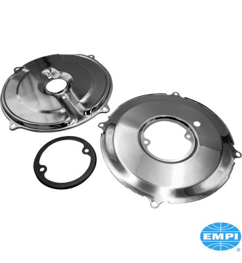 Backing plate set for alternator, chrome, 3-piece tin set. Includes outer and inner plate and flange