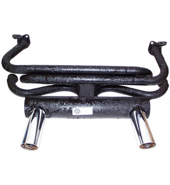 Exhaust system, GT, with two exhaust tips. Made of steel with black paint, tips of chromed steel