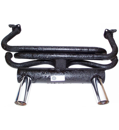 Exhaust system, GT, with two exhaust tips. Made of steel with black paint, tips of chromed steel