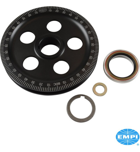 Pulley for crankshaft, sand seal, black with laser engraved numbers, 12 V. Including aluminium collar and orange seal