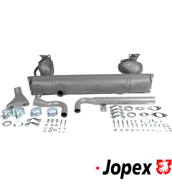 Exhaust set rear, with one tail pipe and mounting kit, OE style. Made of steel with grey paint. With TÜV/EEC approval