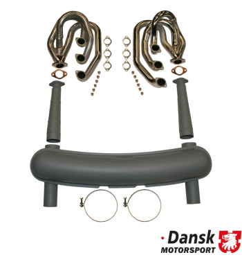 Exhaust set, Racing, with two Ø70 mm tail pipes. Made of steel with grey heat resistant paint. IMPORTANT: Not for street use!