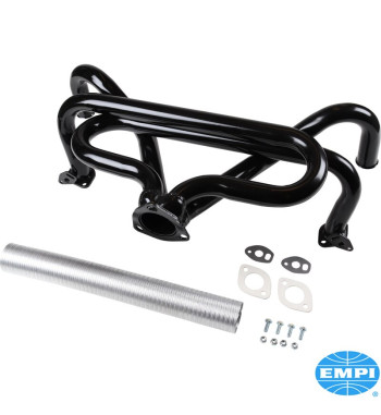 Manifold including aluminium flex hose. For use with heat exchangers. Fits Empi No. 00-3369-0. Made of steel with black paint