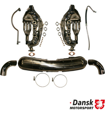 Exhaust conversion set, free-flow, with two loose Ø84 mm tail pipes. Including heat exchangers and oil pipes