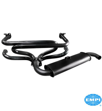 Exhaust system, Single Quiet, 1 1/2 tubing, large 3-bolt flange, with one tail pipe. Made of steel with black paint