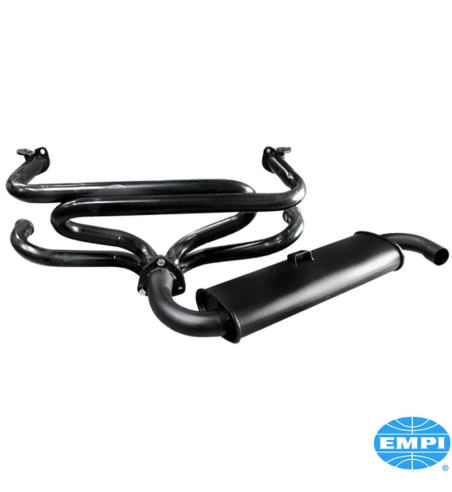 Exhaust system, Single Quiet, 1 1/2 tubing, large 3-bolt flange, with one tail pipe. Made of steel with black paint