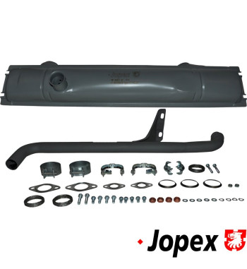 Exhaust set rear, with one tail pipe and mounting kit, OE style. Made of steel with grey paint. With TÜV/EEC approval