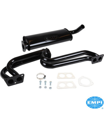 Exhaust system,  Quiet, 1 1/2 tubing, large 3-bolt flange, with one tail pipe. Made of steel with black paint