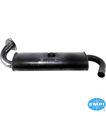 Exhaust rear, Single Quiet, 1 1/2 tubing, large 3-bolt flange, with one tail pipe. Made of steel with black paint