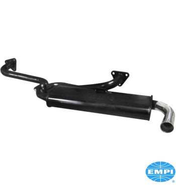 Exhaust system, Quiet, 1 1/2 tubing, small 3-bolt flange, with one tail pipe. Made of steel with black paint, tail pipe chromed