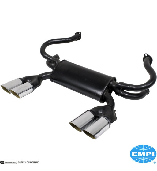 Exhaust system, GT, 1 3/8 tubing, with four tail pipes. Including heater hose, gaskets and hardware. Made of steel with black pa Exhaust system, GT, 1 3/8 tubing, with four tail pipes. Including heater hose, gaskets and hardware. Made of steel with black pa