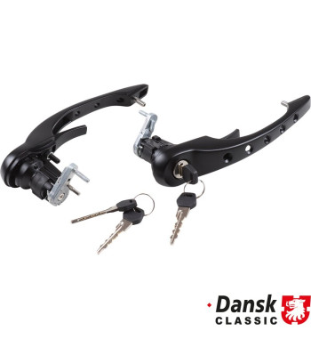 Door handle set with holes. Including lock cylinder and template keys, black, left/right. For models with or without central loc