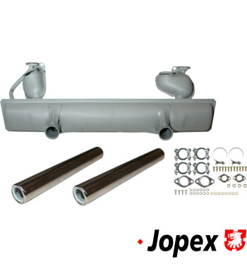 Exhaust set rear, with two tail pipes and mounting kit. Made of steel with grey paint, tail pipes of chromed steel. With TÜV/EEC