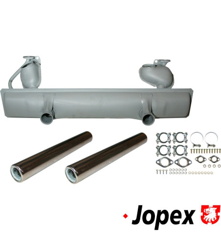 Exhaust set rear, with two tail pipes and mounting kit. Made of steel with grey paint, tail pipes of chromed steel. With TÜV/EEC