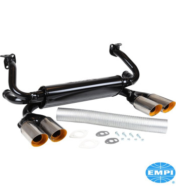 Exhaust system GT, 1 3/8 tubing, with four tail pipes. Including heater hose, gaskets and hardware. Made of steel with black pai