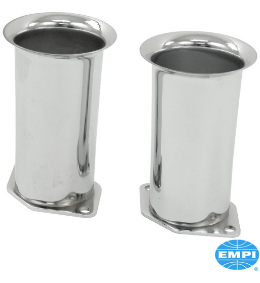 Chrome velocity stack set, 4, 2 pieces. Fits all Empi HPMX, IDF Weber and DRLA Dellorto carburettors. Aid in prevention of fuel Chrome velocity stack set, 4, 2 pieces. Fits all Empi HPMX, IDF Weber and DRLA Dellorto carburettors. Aid in prevention of fuel