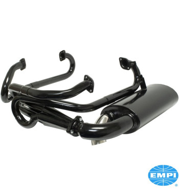 Exhaust system, Sideflow, 4 into 1 merged collector, 1 1/2 tubing, with one tail pipe. Made of steel with black paint, tail pipe