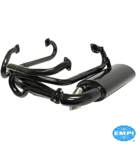 Exhaust system, Sideflow, 4 into 1 merged collector, 1 1/2 tubing, with one tail pipe. Made of steel with black paint, tail pipe