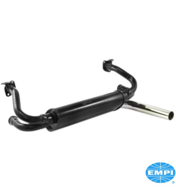 Exhaust system, GT, 1 3/8 tubing, with one tail pipe. Including flex hose and hardware. Made of steel with black paint, tail pip