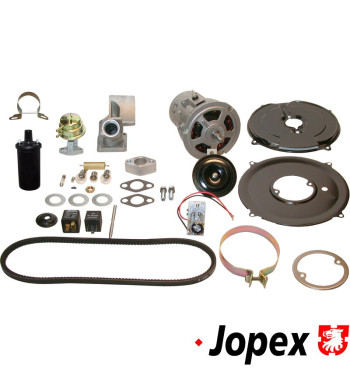 Conversion set, Super 6 to 12 Volt. Includes alternator and mounting, fuel pump, ignition coil and mounting, horn, bulbs, relays