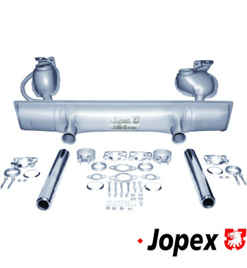 Exhaust set rear, with two tail pipes and mounting kit, OE style. Made of steel with grey paint, tail pipes of chromed steel. Wi
