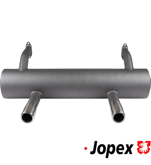 Exhaust rear, Sport, with two tail pipes. For VW Type 1 Beetle with Porsche 356 engine. Made of steel with heat resistant grey p Exhaust rear, Sport, with two tail pipes. For VW Type 1 Beetle with Porsche 356 engine. Made of steel with heat resistant grey p