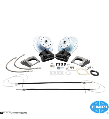 Disc brake conversion set, rear, with emergency brake, with black powder coated caliper, Wilwood. The kit includes all the parts