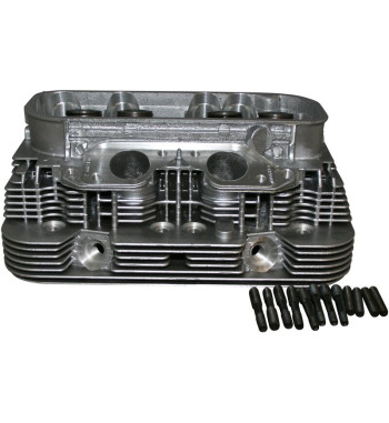 Cylinder head, new, dual port, complete with valves. Inlet valves 39.3x8 mm and exhaust valves 33x8 mm. Spark plug M14x1.25x16 m