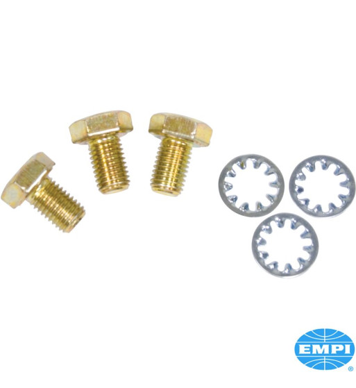 Bolt and washer set for camshaft gear, low profile. Offer a reduced head thickness for extra clearance when installing a 3-bolt 