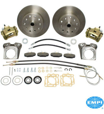 Disc brake conversion set, Deluxe, rear, double drilled, 5x130 with 14x1.5 mm threads and 5x4 3/4 with 12 mm threads, with emerg