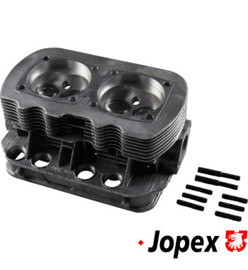 Cylinder head, 040, new, dual port, complete with valves. Inlet valves 35.5x8 mm and exhaust valves 32x8 mm. Spark plug M14x1.25