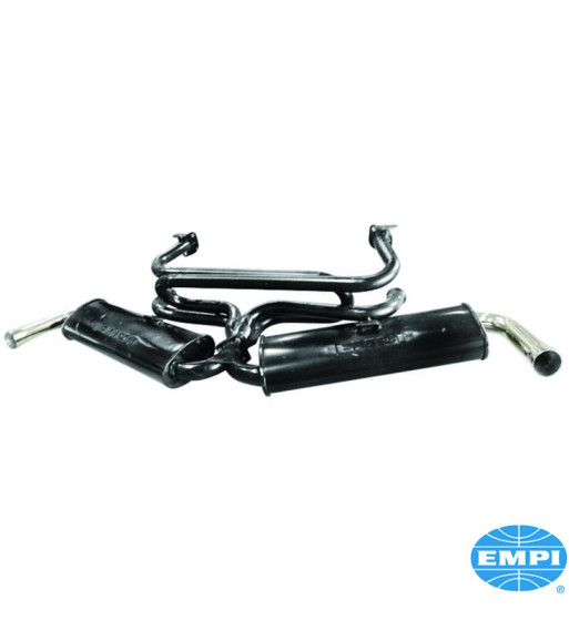 Exhaust system, Dual Quiet, 1 3/8 tubing, small 3-bolt flange, with two tail pipes. Made of steel with black paint, tail pipes c Exhaust system, Dual Quiet, 1 3/8 tubing, small 3-bolt flange, with two tail pipes. Made of steel with black paint, tail pipes c
