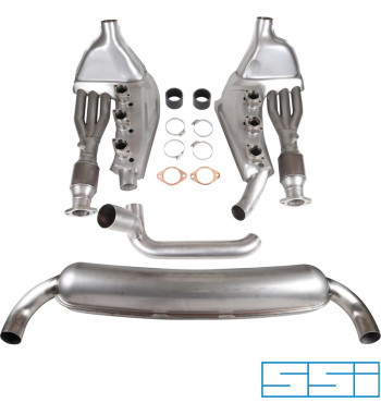 Exhaust set, Sport, with two Ø70 mm tail pipes, dual inlets, Ø41/Ø60 mm heat exchangers, and, catalytic converters. Made of stai