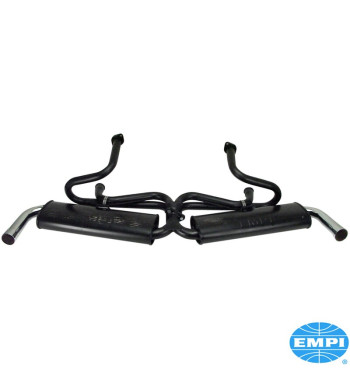 Exhaust system, Dual Quiet, 1 3/8 tubing, small 3-bolt flange, with two tail pipes. Made of steel with black paint, tail pipes c